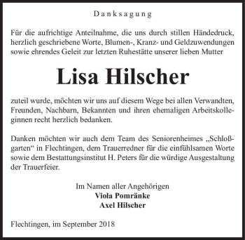 Traueranzeige von Lisa Hilscher  von Magdeburger Volksstimme