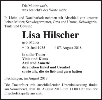 Traueranzeige von Lisa Hilscher (geb. Müller)  von Magdeburger Volksstimme