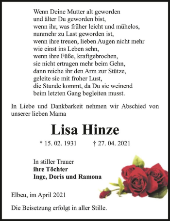 Traueranzeige von Lisa Hinze  von Magdeburger Volksstimme