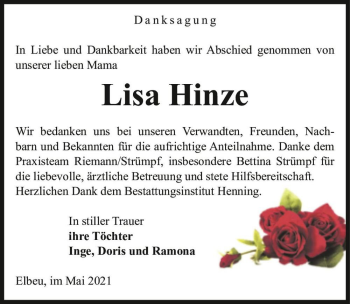 Traueranzeige von Lisa Hinze  von Magdeburger Volksstimme