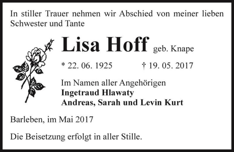  Traueranzeige für Lisa Hoff (geb. Knape)  vom 24.05.2017 aus Magdeburger Volksstimme