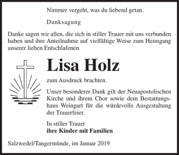 Traueranzeige von Lisa Holz  von Magdeburger Volksstimme