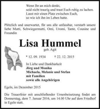 Traueranzeige von Lisa Hummel (geb. Agit)  von Magdeburger Volksstimme