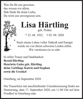 Traueranzeige von Lisa Härtling (geb. Prehm)  von Magdeburger Volksstimme