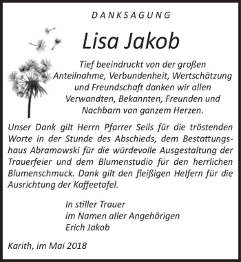 Traueranzeige von Lisa Jakob  von Magdeburger Volksstimme