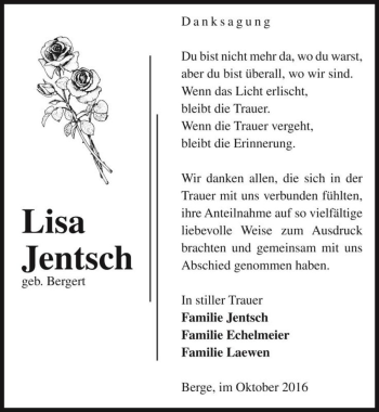 Traueranzeige von Lisa Jentsch (geb. Bergert)  von Magdeburger Volksstimme