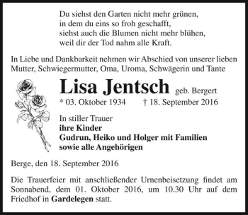 Traueranzeige von Lisa Jentsch (geb. Bergert)  von Magdeburger Volksstimme