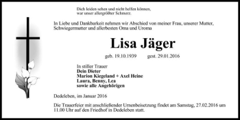 Traueranzeige von Lisa Jäger  von Magdeburger Volksstimme