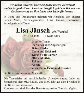 Traueranzeige von Lisa Jänsch (geb. Westphal)  von Magdeburger Volksstimme