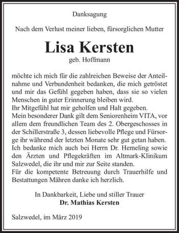 Traueranzeige von Lisa Kersten (geb. Hoffmann)  von Magdeburger Volksstimme