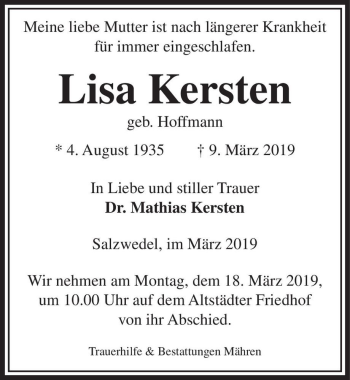 Traueranzeige von Lisa Kersten (geb. Hoffmann)  von Magdeburger Volksstimme