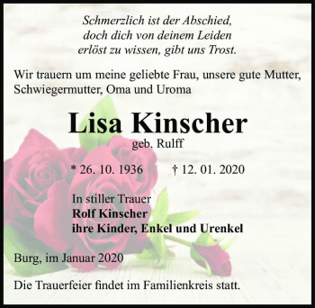 Traueranzeige von Lisa Kinscher (geb. Rulff)  von Magdeburger Volksstimme