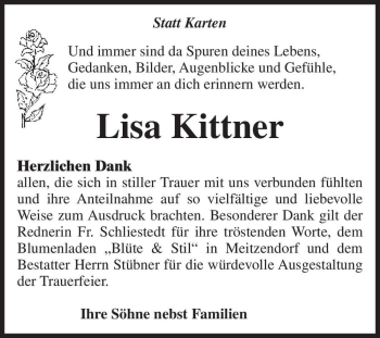 Traueranzeige von Lisa Kittner  von Magdeburger Volksstimme
