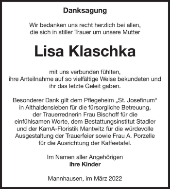 Traueranzeige von Lisa Klaschka  von Magdeburger Volksstimme