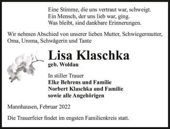 Traueranzeige von Lisa Klaschka (geb. Woldau)  von Magdeburger Volksstimme