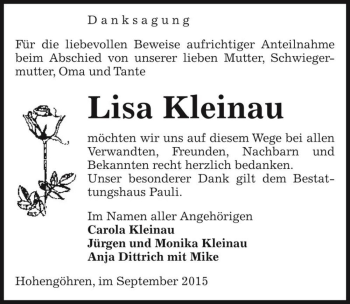 Traueranzeige von Lisa Kleinau  von Magdeburger Volksstimme