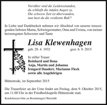 Traueranzeige von Lisa Klewenhagen  von Magdeburger Volksstimme