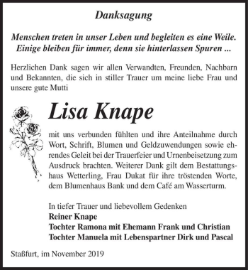 Traueranzeige von Lisa Knape  von Magdeburger Volksstimme