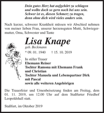 Traueranzeige von Lisa Knape (geb. Beckmann)  von Magdeburger Volksstimme