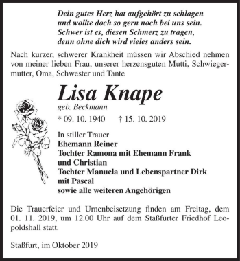 Traueranzeige von Lisa Knape (geb. Beckmann)  von Magdeburger Volksstimme