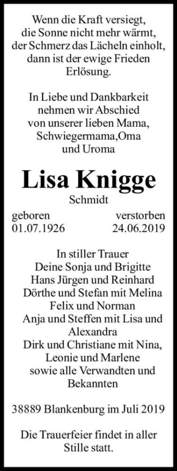 Traueranzeige von Lisa Knigge (geb. Schmidt)  von Magdeburger Volksstimme