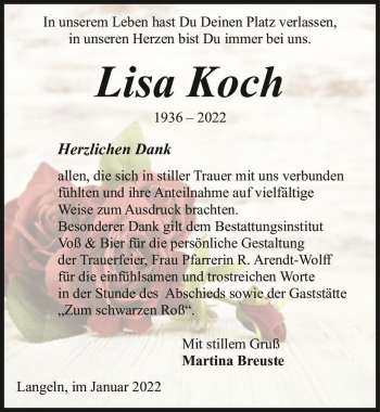 Traueranzeige von Lisa Koch  von Magdeburger Volksstimme