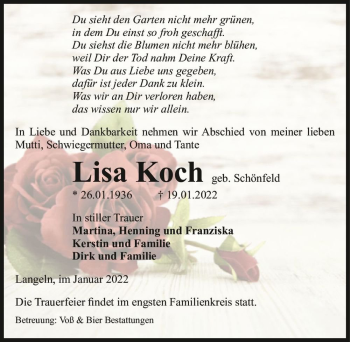 Traueranzeige von Lisa Koch (geb. Schönfeld)  von Magdeburger Volksstimme