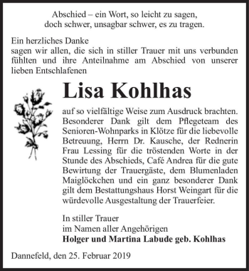 Traueranzeige von Lisa Kohlhas  von Magdeburger Volksstimme