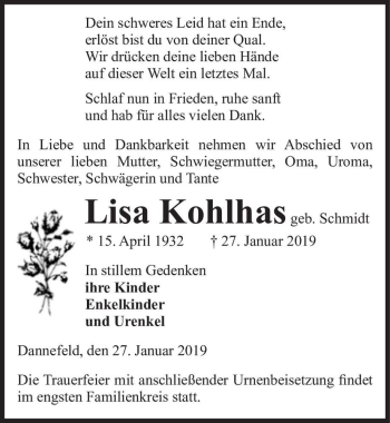 Traueranzeige von Lisa Kohlhas (geb. Schmidt)  von Magdeburger Volksstimme