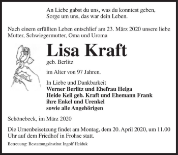 Traueranzeige von Lisa Kraft ( geb. Berlitz)  von Magdeburger Volksstimme