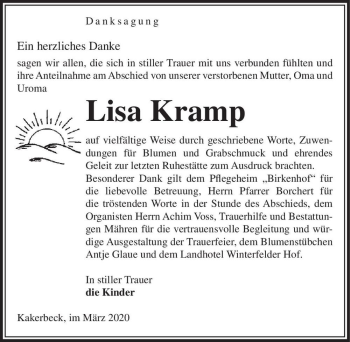 Traueranzeige von Lisa Kramp  von Magdeburger Volksstimme