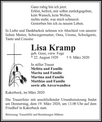 Traueranzeige von Lisa Kramp (geb. Gose) (verw. Fege)  von Magdeburger Volksstimme