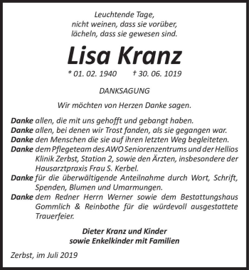 Traueranzeige von Lisa Kranz  von Magdeburger Volksstimme