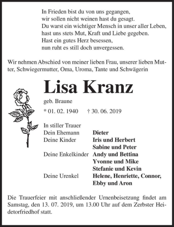 Traueranzeige von Lisa Kranz (geb. Braune)  von Magdeburger Volksstimme