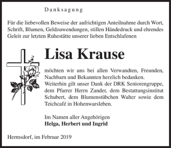 Traueranzeige von Lisa Krause  von Magdeburger Volksstimme