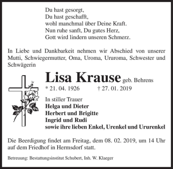 Traueranzeige von Lisa Krause (geb. Behrens)  von Magdeburger Volksstimme