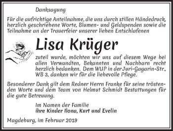 Traueranzeige von Lisa Krüger  von Magdeburger Volksstimme