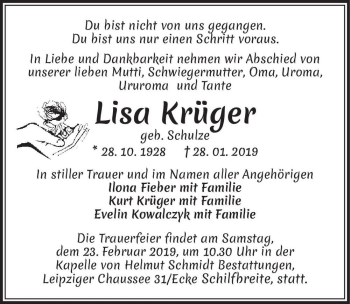 Traueranzeige von Lisa Krüger (geb. Schulze)  von Magdeburger Volksstimme