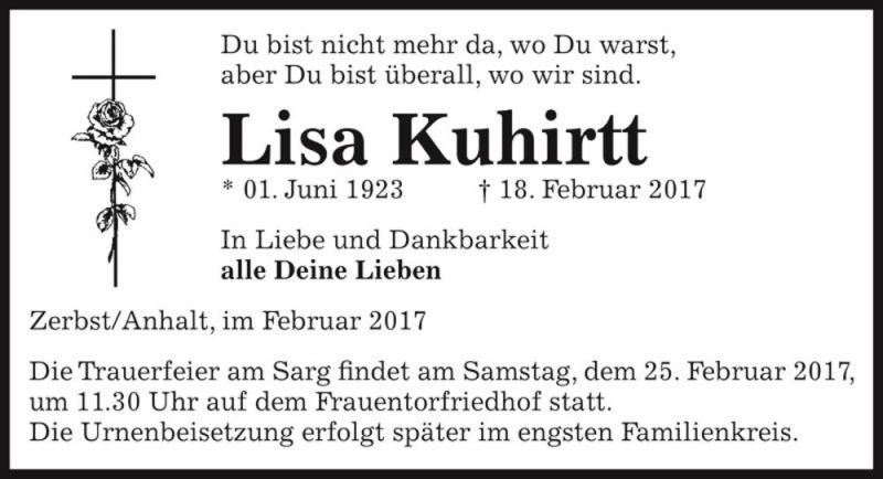  Traueranzeige für Lisa Kuhirtt  vom 21.02.2017 aus Magdeburger Volksstimme