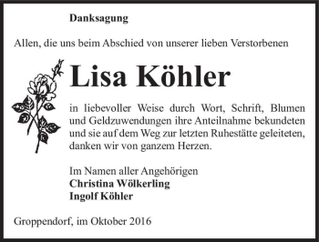 Traueranzeige von Lisa Köhler  von Magdeburger Volksstimme