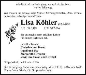Traueranzeige von Lisa Köhler (geb. Meye)  von Magdeburger Volksstimme