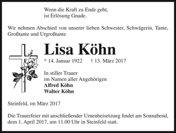 Traueranzeige von Lisa Köhn  von Magdeburger Volksstimme