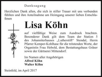 Traueranzeige von Lisa Köhn  von Magdeburger Volksstimme