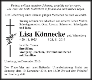Traueranzeige von Lisa Könnecke (geb. Winterberg)  von Magdeburger Volksstimme