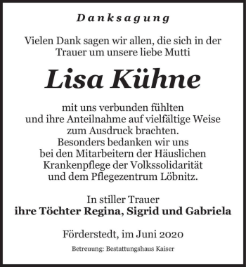 Traueranzeige von Lisa Kühne  von Magdeburger Volksstimme