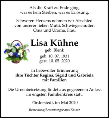 Traueranzeige von Lisa Kühne (geb. Blenk)  von Magdeburger Volksstimme