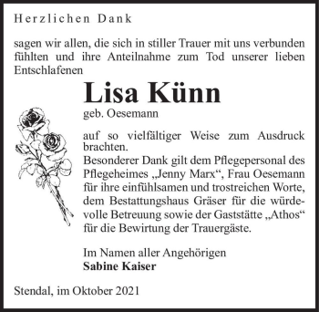 Traueranzeige von Lisa Künn (geb. Oesemann)  von Magdeburger Volksstimme