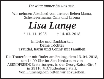 Traueranzeige von Lisa Lange  von Magdeburger Volksstimme