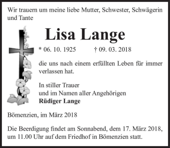 Traueranzeige von Lisa Lange  von Magdeburger Volksstimme