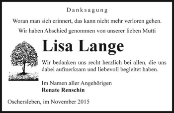 Traueranzeige von Lisa Lange  von Magdeburger Volksstimme